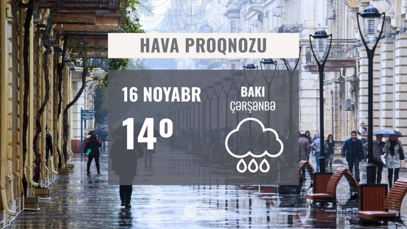 16 noyabr hava proqnozu : Sabah hava yağışlı keçəcək, cənub-şərq küləyi əsəcək