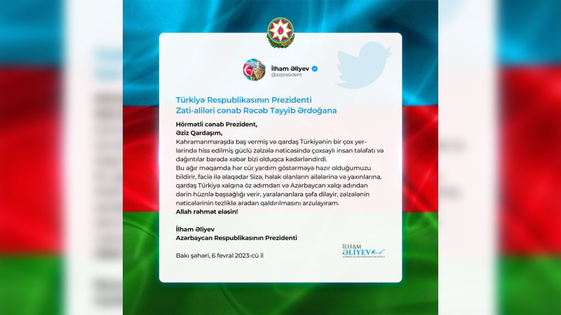 Azərbaycan Prezidenti İlham Əliyev Ərdoğana başsağlığı verdi