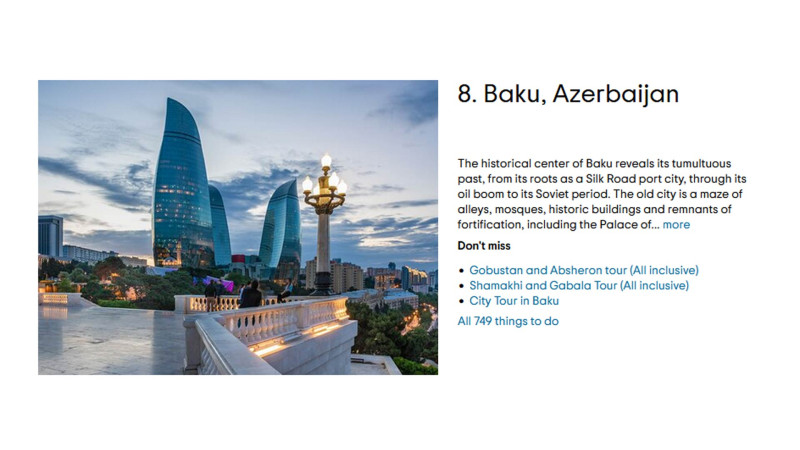 “Tripadvisor” Bakını dünyanın trend məkanları siyahısına əlavə etdi