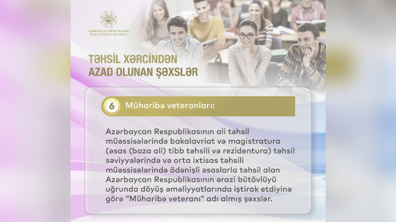 Bu kateqoriyalara aid tələbələr təhsil haqqından azad olunublar