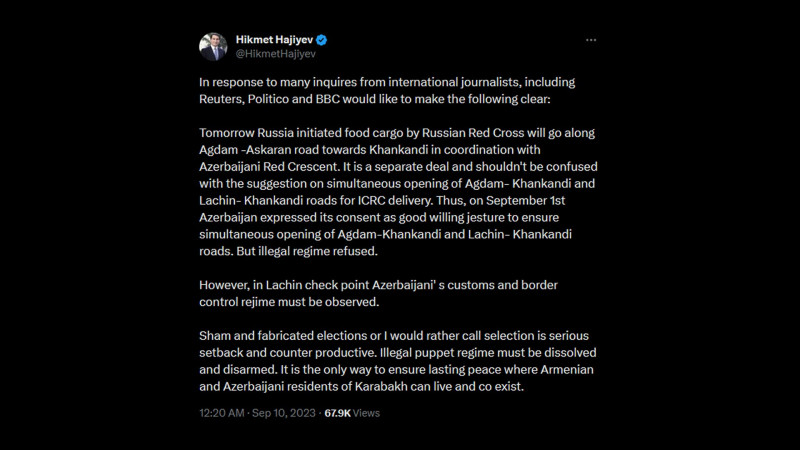 Hikmət Hacıyev mövcud vəziyyətə aydınlıq gətirib: “Qanunsuz marionet rejimi ləğv edilməlidir”