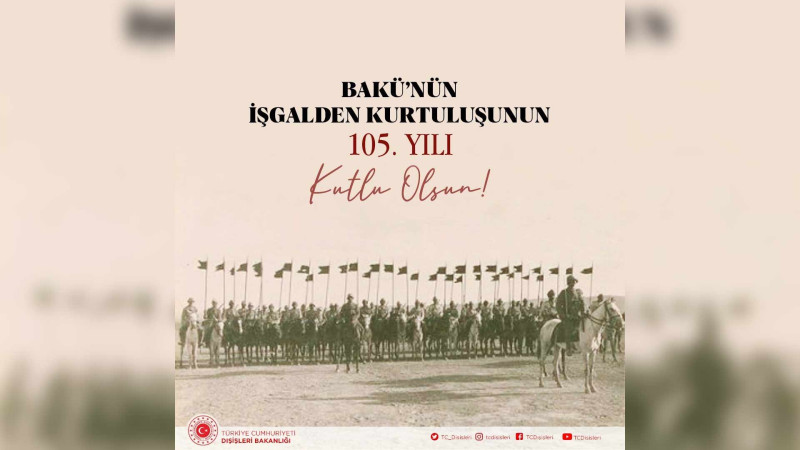 Türkiyə XİN Bakının azad olunmasının 105-ci ili münasibətilə Azərbaycanı təbrik edib