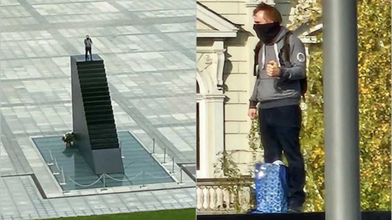 Varşavanın mərkəzində bir nəfər abidənin üzərinə çıxaraq, özünü partlatmaqla hədələyir