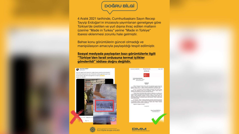 Türkiyənin Dezinformasiyaya Qarşı Mübarizə Mərkəzi termal alt paltarının İsrail ordusuna göndərildiyini inkar edir
