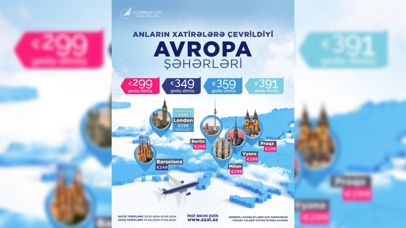 AZAL-dan Avropanın bu şəhərləri üzrə aviabiletlərə ENDİRİM