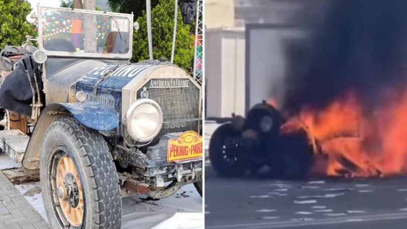 Pekin-Paris rallisinin ən yaşlı avtomobili Bakıdan Gürcüstana yürüş zamanı yanıb