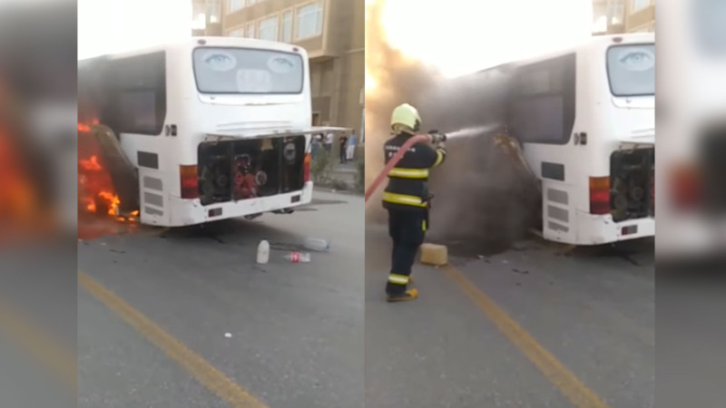 Bakıda 164 saylı avtobus yanıb - VİDEO