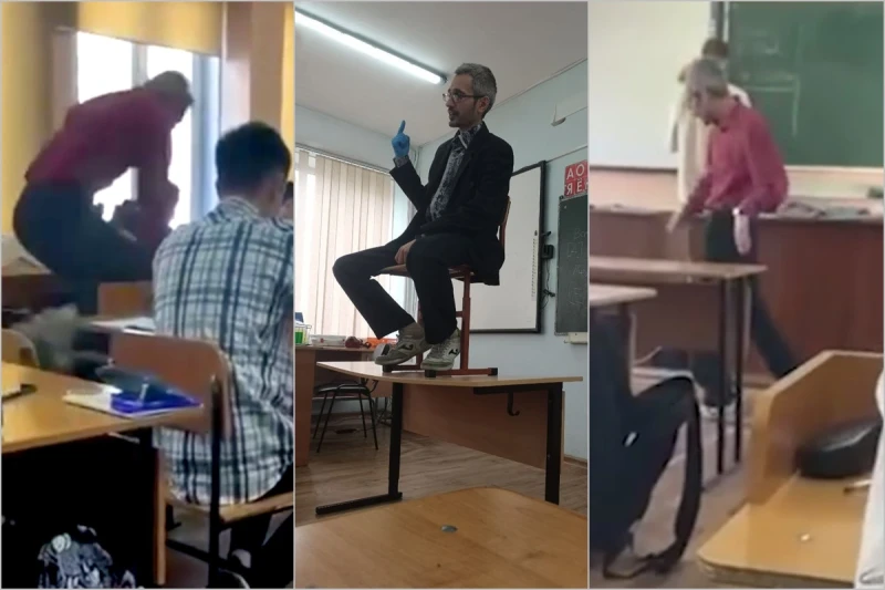 Tullanır, hürür və partaların üstünə çıxır: Rusiyada kvadrober müəllimin qəribə görüntüləri