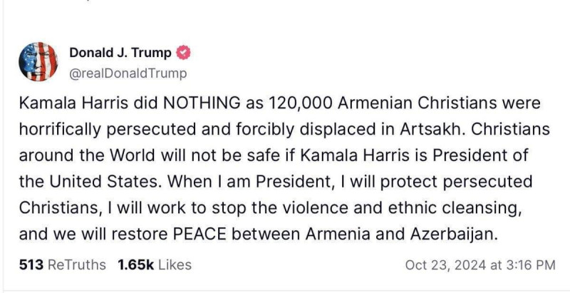 Donald Tramp rəqibi Kamala Harrisi tənqid edərkən ermənipərəst mövqe nümayiş etdirib