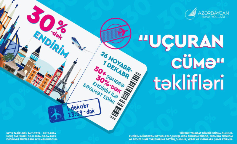 AZAL-dan “Uçuran Cümə” kampaniyası: aviabiletlərə 30%-dək endirim