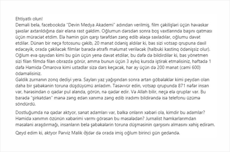 Həmidə Ömərovanın adından istifadə edib yüzlərlə adamı aldadırlar? – AKTRİSADAN AÇIQLAMA
