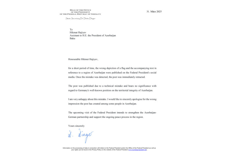 Almaniya Prezidenti Administrasiyası bu ölkənin Prezidentinin sosial media profilində yerləşdirilmiş postla bağlı Azərbaycan tərəfinə üzrxahlıq edib