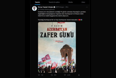 Türkiyə Prezidenti Zəfər Günü münasibətilə Azərbaycan xalqını təbrik edib